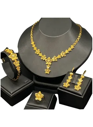 Gold Color Long Chain Necklace Rings Bracelets Earrings Set for Lady Wedding Bridal Copper Jewelry Set Party Gifts 
