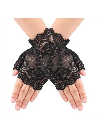 Women Short Lace Gloves Fingerless Floral Gloves Bridal Wedding Gloves Tea Party Gloves for Opera Evening Dinner Party (Black) 