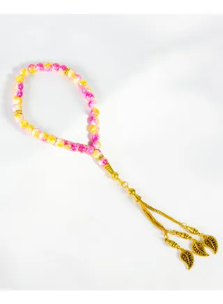 Pink Yellow Alabaster Stone Prayer Bead of 33 Beads and High Quality Tassel 