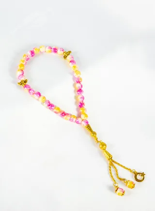 Pink Yellow Alabaster Stone Prayer Bead of 33 Beads and High Quality Tassel 