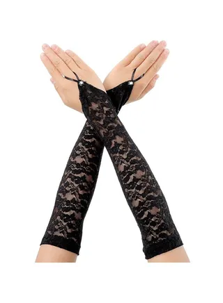 Long Fingerless Lace Gloves for Women Floral Lace Gloves Vintage Elbow Length Long Gloves for Wedding Dinner Parties (Black) 