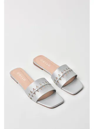 Cut-Out Detail Broad Strap Flat Sandals Silver 