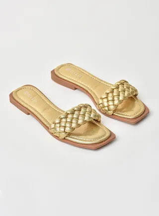 Slip-On Detail Flat Sandals Gold 