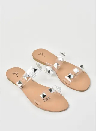 Embellished Double Strap Flat Sandals Silver/Clear 