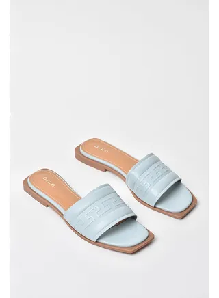 Quilted Pattern Broad Strap Flat Sandals Light Blue 