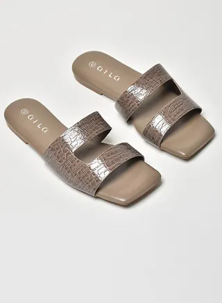 Animal Pattern Cut-Out Strap Flat Sandals Coffee Brown 