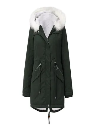 Hooded Neck Long Sleeve Parka Coat Dark Green 