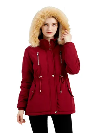 Hooded Neck Long Sleeve Parka Coat Red 