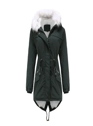 Hooded Neck Long Sleeve Parka Coat Dark Green 