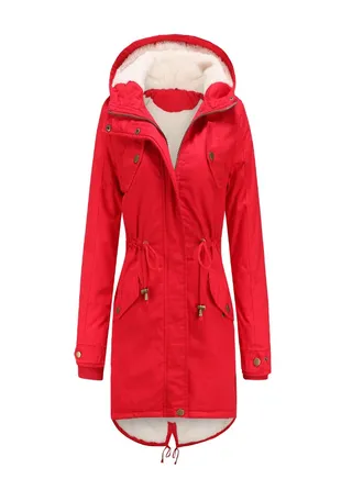Hooded Neck Long Sleeve Parka Coat Red 