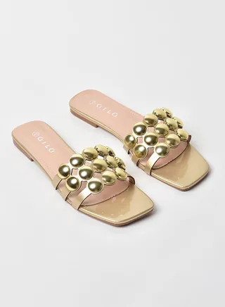 Stone Embellished Strap Flat Sandals Gold 