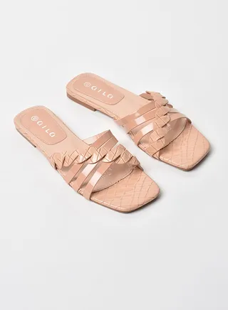 Checked Pattern Multi Strap Flat Sandals Nude Pink 