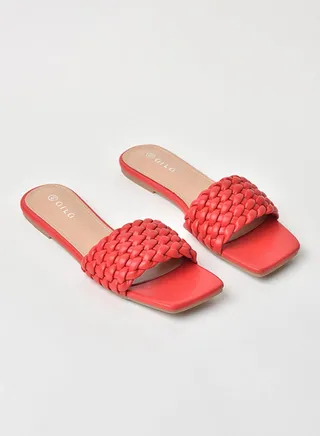 Slip-On Detail Flat Sandals Red 