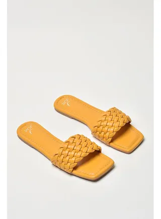 Braided Broad Strap Slip-On Flat Sandals Mustard 