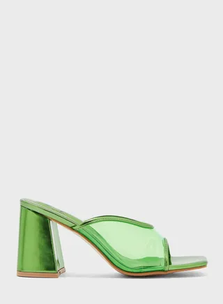Metallic Trim Clear Strap Mule Sandal