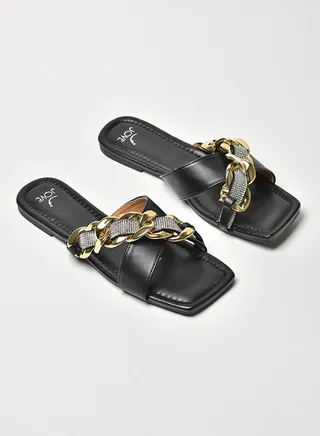 Stone Chain Embellished Strap Flat Sandals Black/Gold/Silver 