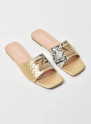 Checked Pattern Broad Strap Flat Sandals Gold 