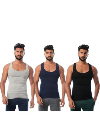 3-Piece Cotton Sleeveless Undershirt Set Navy/Grey/Black 