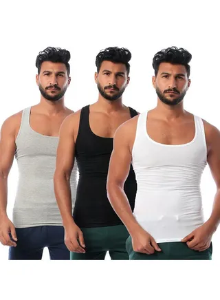 3-Piece Cotton Sleeveless Undershirt Set White/Grey/Black 