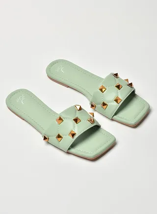 Quilted Pattern Broad Strap Flat Sandals Green/Gold 