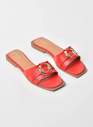 Broad Strap Slip-On Flat Sandals Red 