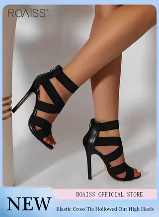 Women's Cross Elastic Strap Sandals Fashionable Summer Hollow Out Open Toe High Heels Pu Leather Patchwork Versatile Party High Heel Sandals 