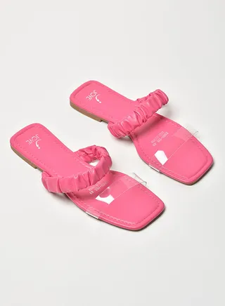 Ruched Thin Strap Flat Sandals Dark Fuchsia/Clear 