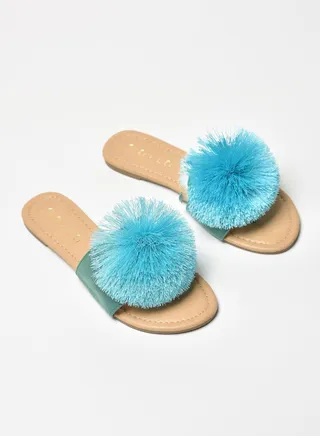 Thread Pom-Pom Detail Strap Flat Sandals Green 