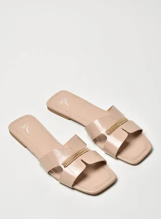 Broad Strap Flat Sandals Beige 