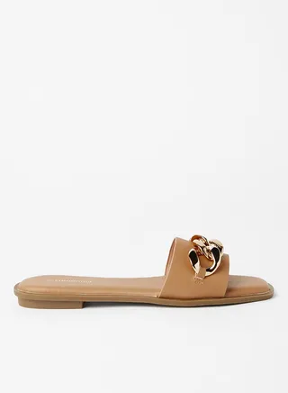 Madrid Chain Detail Flat Sandals Tan 