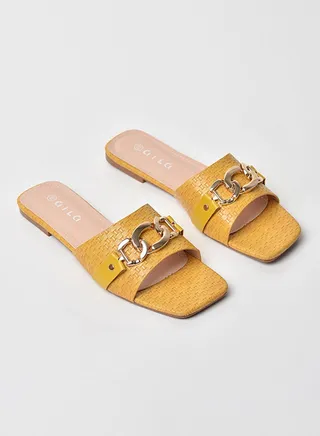Chain Detail Broad Strap Flat Sandals Mustard Yellow 