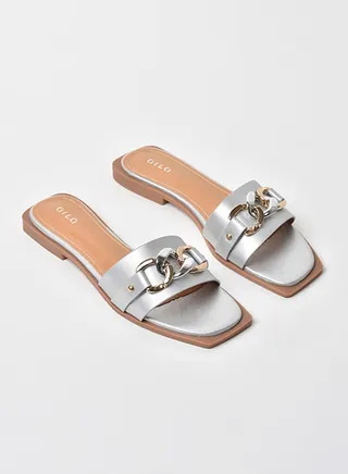 Chain Detail Strap Flat Sandals Silver 