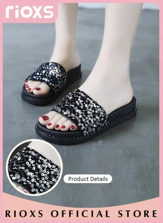 Women's Summer Fashion Flipping Sequins Slippers Non-Slip Beach Sandals Soft Thick-soled Sandals for Indoor or Outdoor Use 