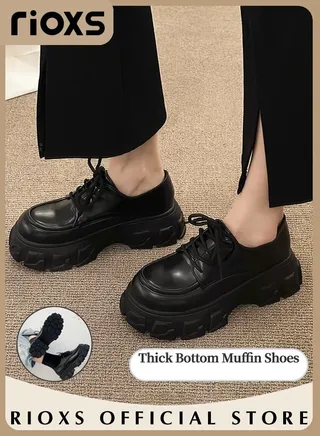 Women's Girls Casual Leather Chunky Platform Loafers Classic Round Toe Lace-up Penny Shoes for Women to Daily Wearing for School or Work 