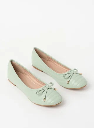 Quilted Pattern Bow Detail Ballerina Green 