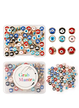 60 Pcs Acrylic Evil Eye Beads, 8mm Flat Round Opaque Gold Plated Evil Eye Charms for DIY Jewelry Making 6 Assorted Colors 