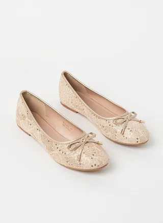 Sequin Embroidered Bow Detail Ballerina Gold 
