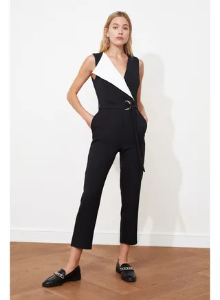 Black and White Color Blocked Maxi Woven Jumpsuit with Lacing Detail TWOSS20TU0019 