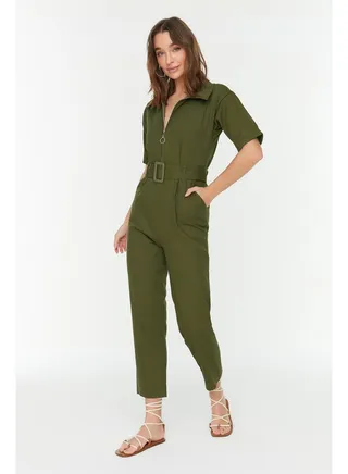 Khaki Belted Woven Zipper Detailed Maxi Jumpsuit TWOSS20TU0064 