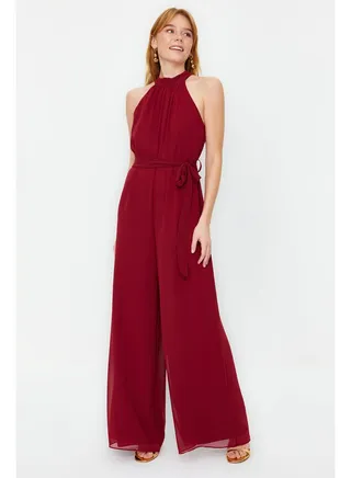 Burgundy Maxi Chiffon Woven Jumpsuit TWOSS23TU00093 