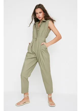 Khaki Shirt Collar Maxi Woven Jumpsuit TWOSS21TU0233 