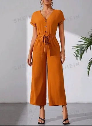 SHEIN Solid Color Button Down Batwing Sleeve Jumpsuit 