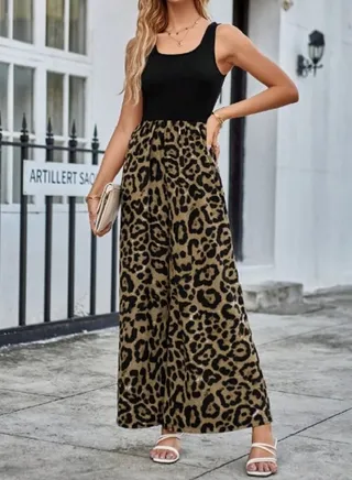 SHEIN LUNE Leopard Print Wide Leg Tank Jumpsuit 