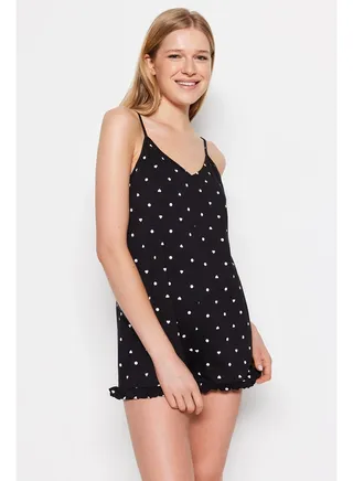 Black 100% Cotton Polka Dot and Heart Patterned Ruffle Detailed Knitted Jumpsuit THMSS23TU00003 