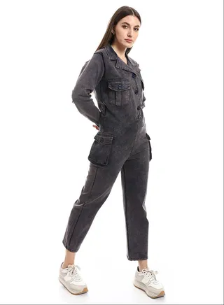 Dark Scraped Buttoned Women Denim Jumpsuit_Navy Blue 