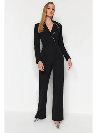 Black Window/Cut Out Shiny Stone Jumpsuit TPRAW24TU00004 