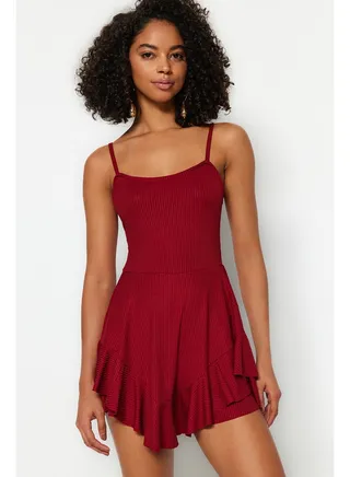 Red Hollow Out Flare Mini Knitted Overalls with Shorts TWOSS23TU00044 