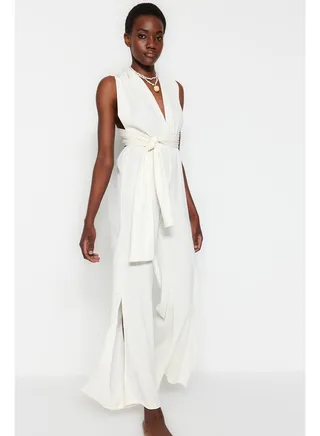 Ecru Woven Backless Jumpsuit TBESS23TU00010 