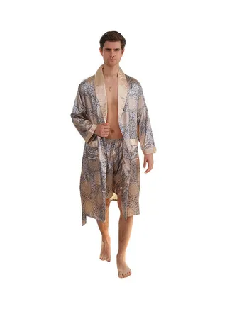 Printed Long Sleeves Robe And Shorts Set Beige/Grey 
