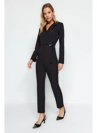 Black Belted Woven Jumpsuit with Double Breasted Collar TWOAW24TU00024 